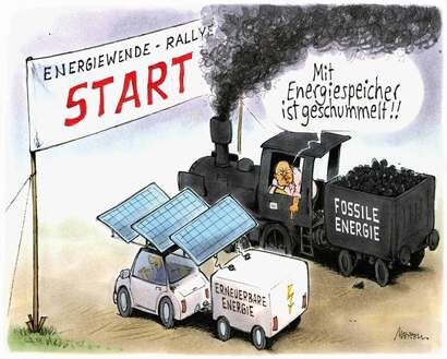 Karikatur Speicher und Erneuerbare gegen Fossile